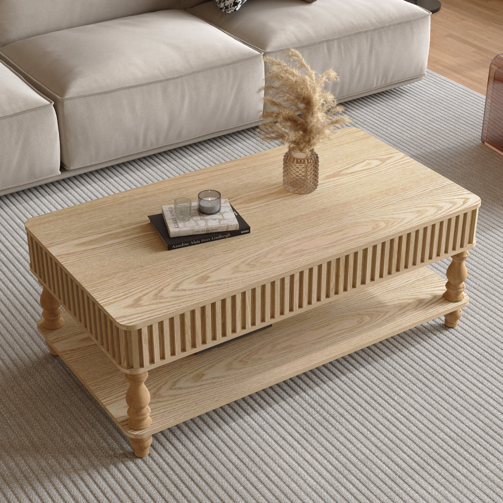 47.24 Lift Top Fluted Coffee Table With Hidden Storage With Roman Column Legs, Rectangle Handmade Solid Wood Strips For Small Space Apartment Living Room, Multi-Functional Lift-Top Design