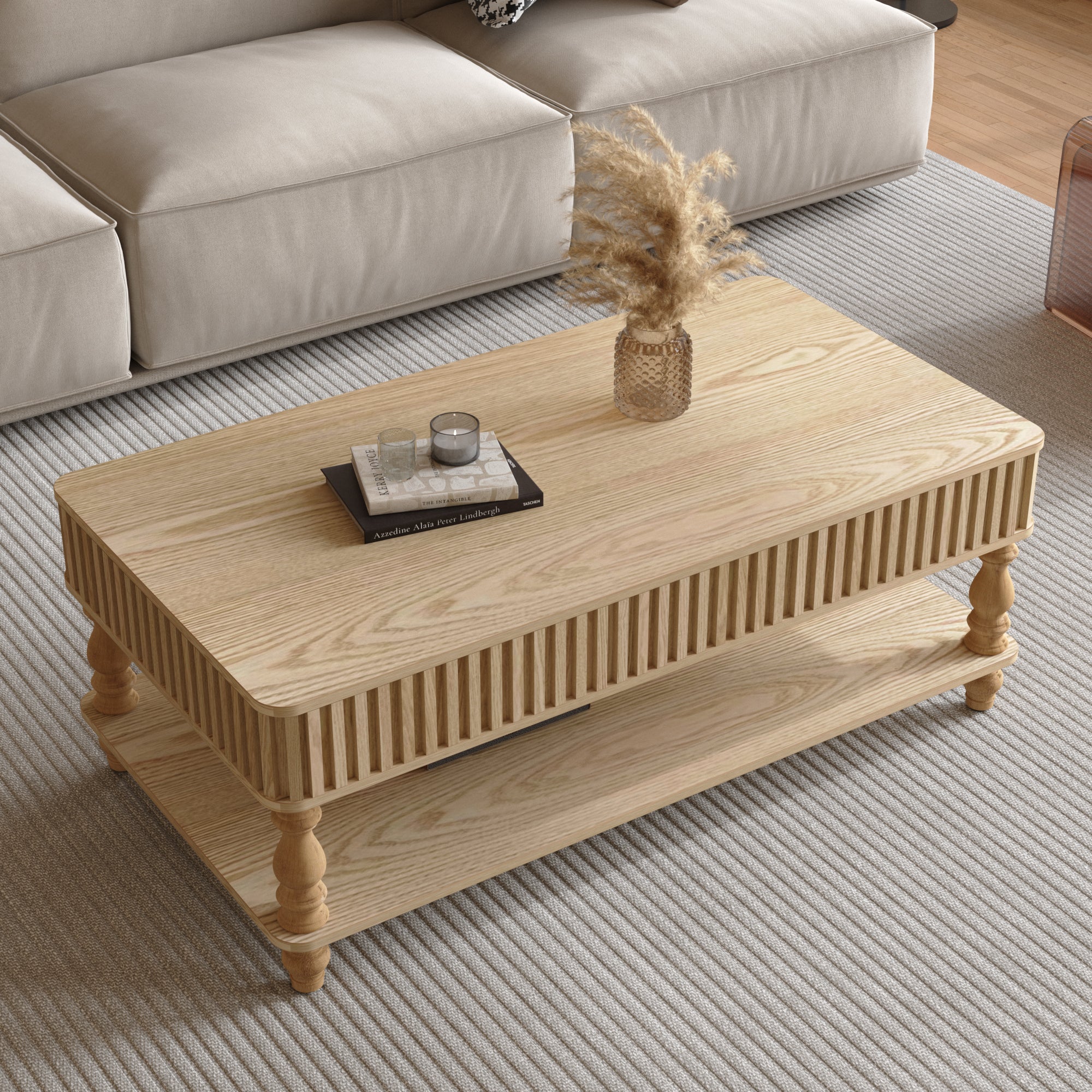 47.24 Lift Top Fluted Coffee Table With Hidden Storage With Roman Column Legs, Rectangle Handmade Solid Wood Strips For Small Space Apartment Living Room, Multi-Functional Lift-Top Design
