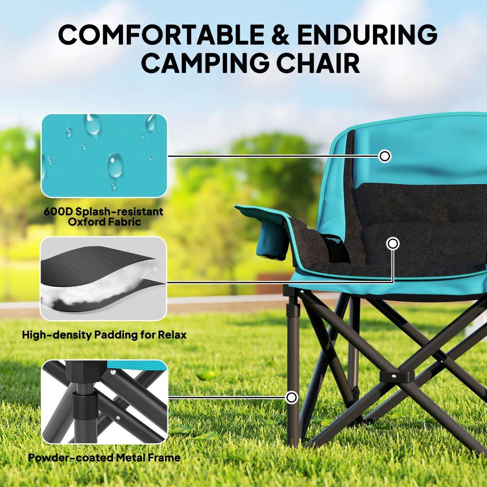 Camping Chair For Adults, Portable Folding Camping Chair W Side Pockets, Cup Holders, Carry Bag, Green And Black