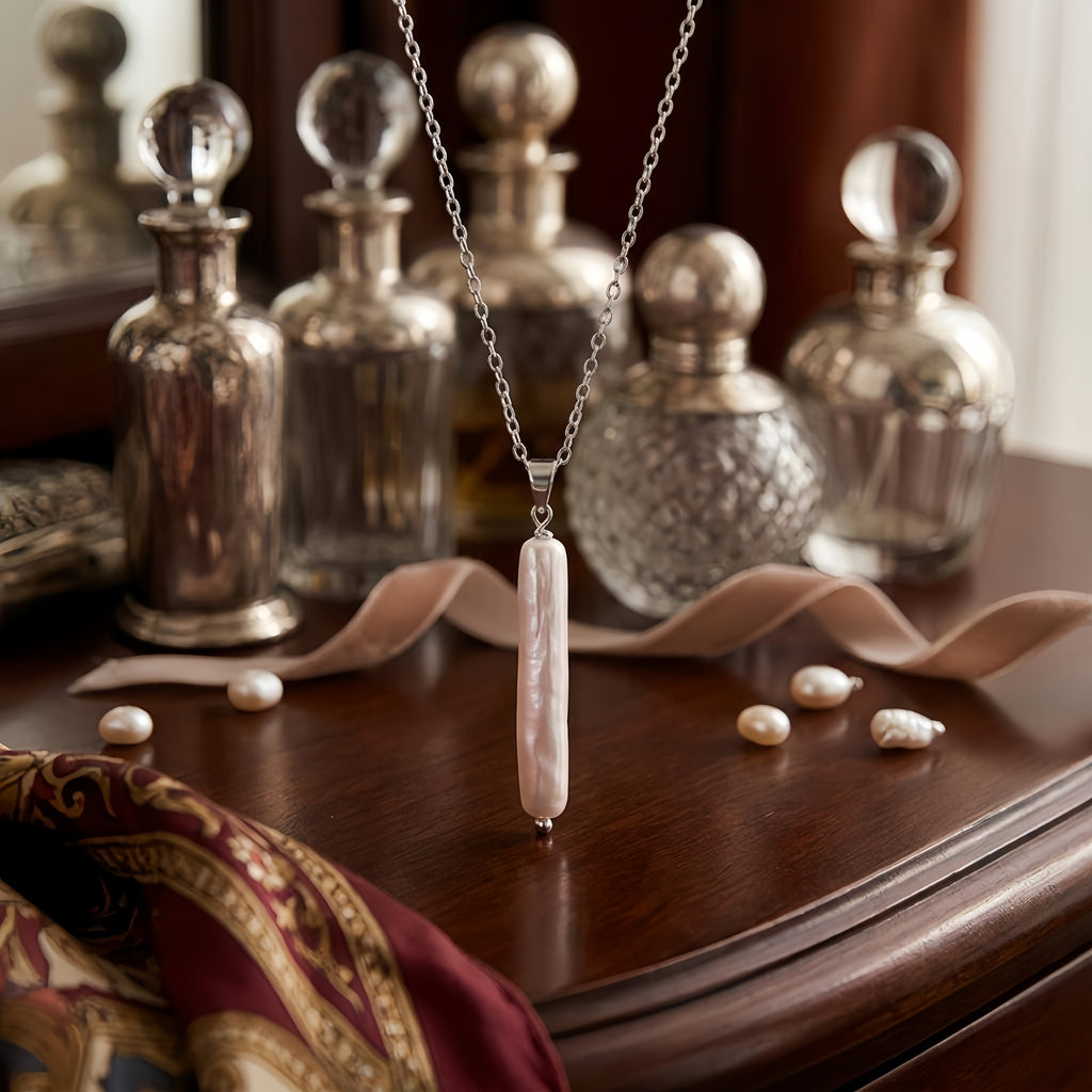 925 Sterling Silver Elegant Sterling  Baroque Pearl Cylindrical Pendant Necklace