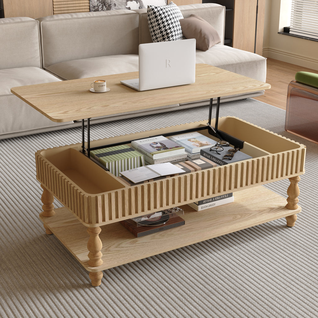 47.24 Lift Top Fluted Coffee Table With Hidden Storage With Roman Column Legs, Rectangle Handmade Solid Wood Strips For Small Space Apartment Living Room, Multi-Functional Lift-Top Design