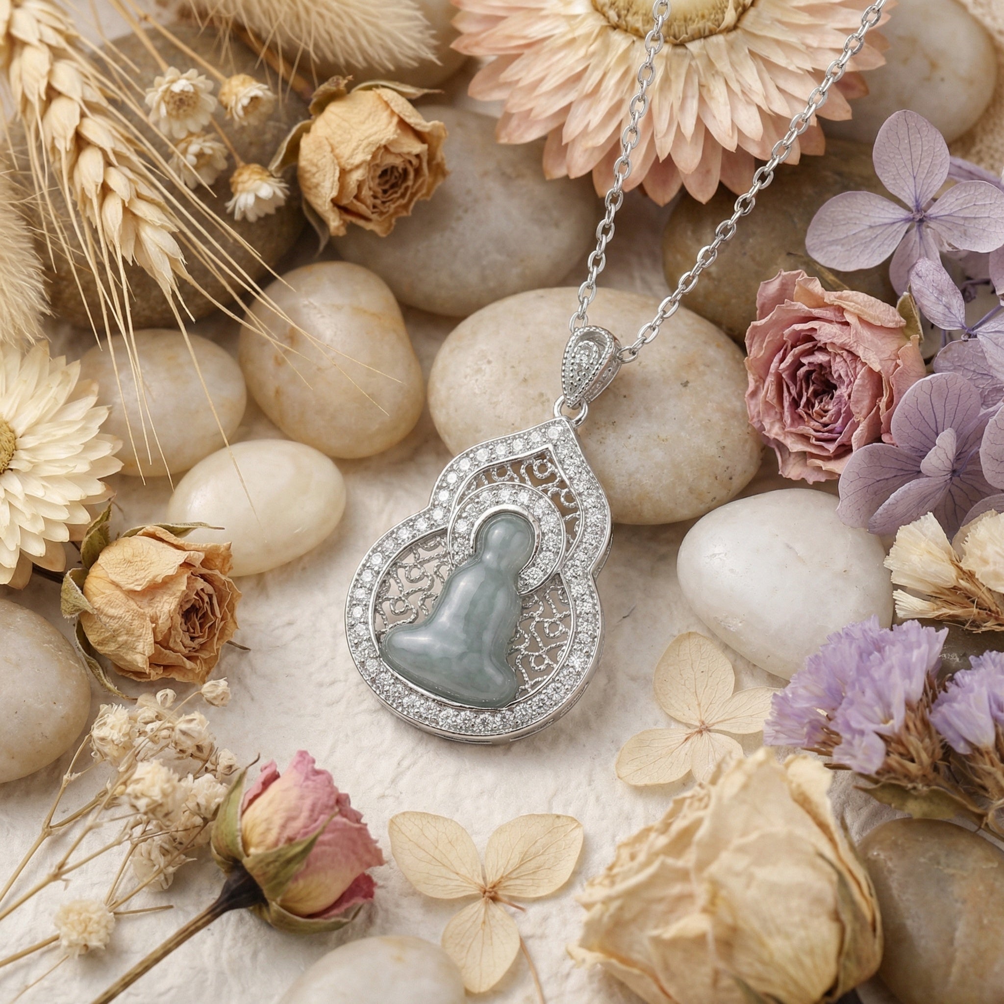 925 Sterling Silver Elegant Jadeite Buddha Pendant Necklace in a Decorative Sparkling Frame