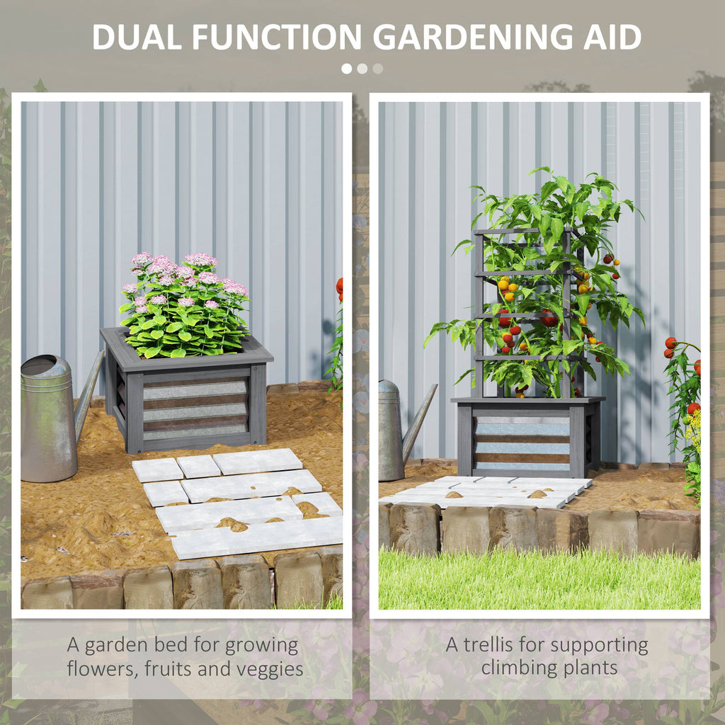 Wooden Raised Garden Bed with Trellis, Galvanized Planter Box Elevated Garden Bed for Garden, Patio, Gray