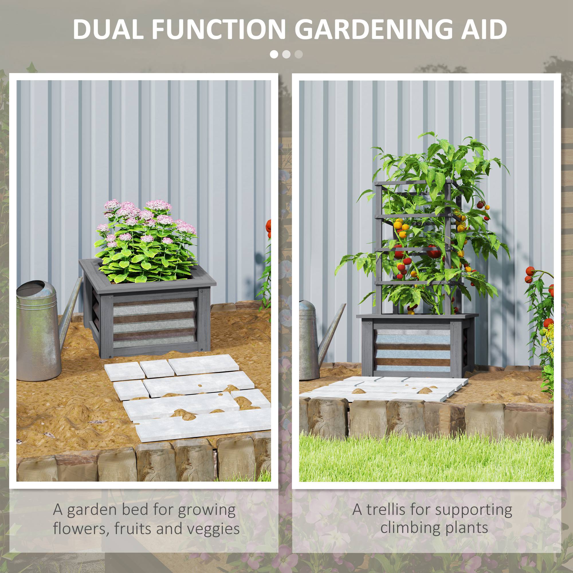 Wooden Raised Garden Bed with Trellis, Galvanized Planter Box Elevated Garden Bed for Garden, Patio, Gray