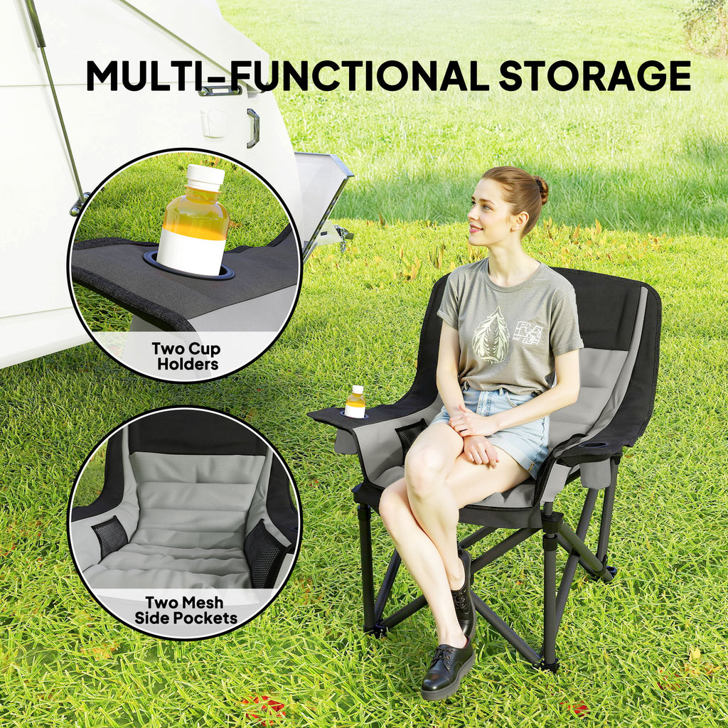 Camping Chair For Adults, Portable Folding Camping Chair With Side Pockets, Cup Holders, Carry Bag, Black And Gray