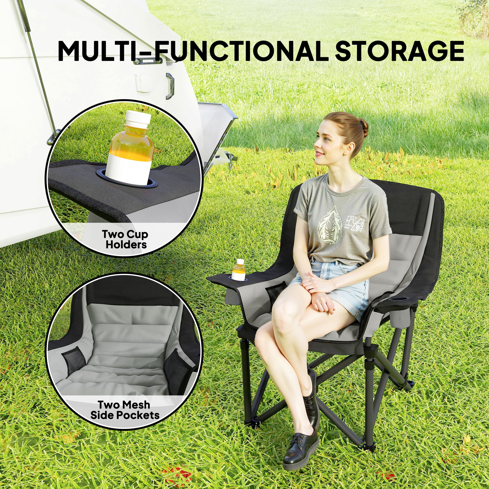 Camping Chair For Adults, Portable Folding Camping Chair With Side Pockets, Cup Holders, Carry Bag, Black And Gray