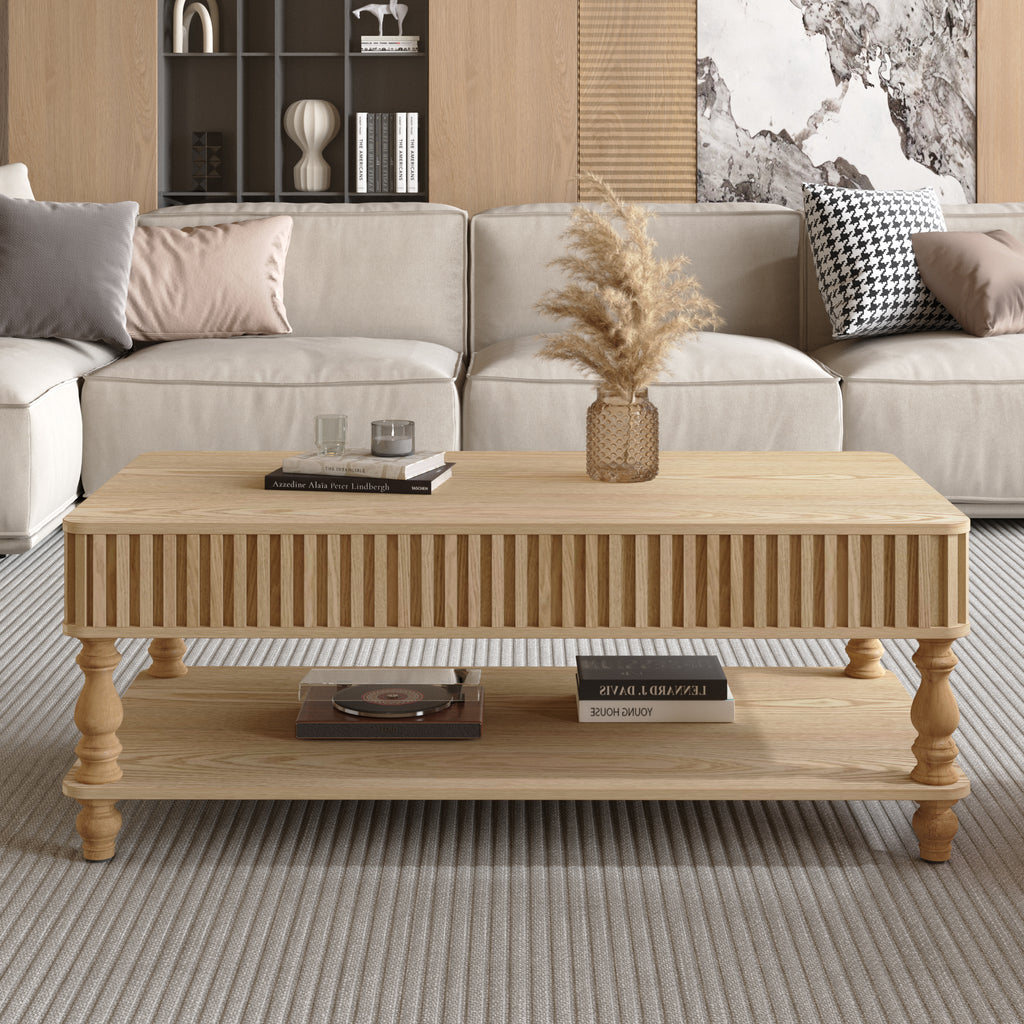 47.24 Lift Top Fluted Coffee Table With Hidden Storage With Roman Column Legs, Rectangle Handmade Solid Wood Strips For Small Space Apartment Living Room, Multi-Functional Lift-Top Design