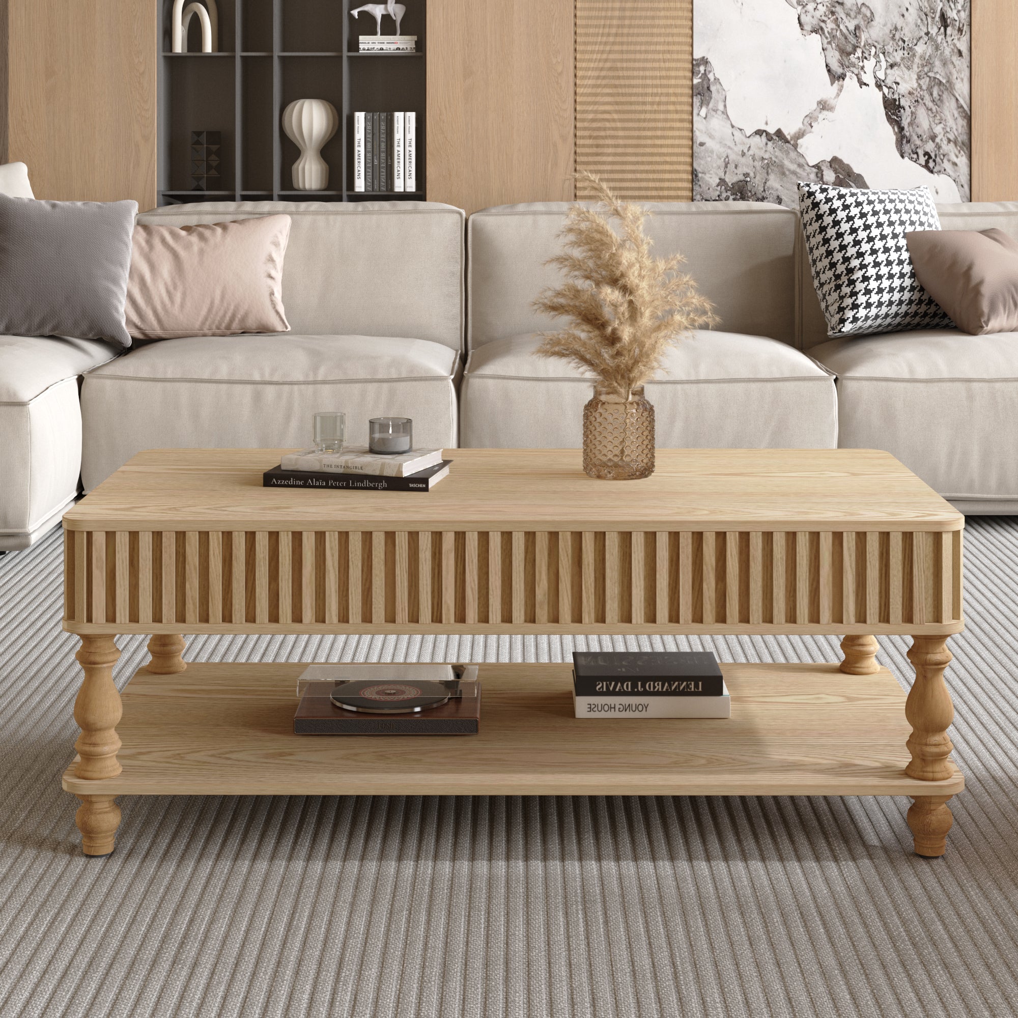 47.24 Lift Top Fluted Coffee Table With Hidden Storage With Roman Column Legs, Rectangle Handmade Solid Wood Strips For Small Space Apartment Living Room, Multi-Functional Lift-Top Design