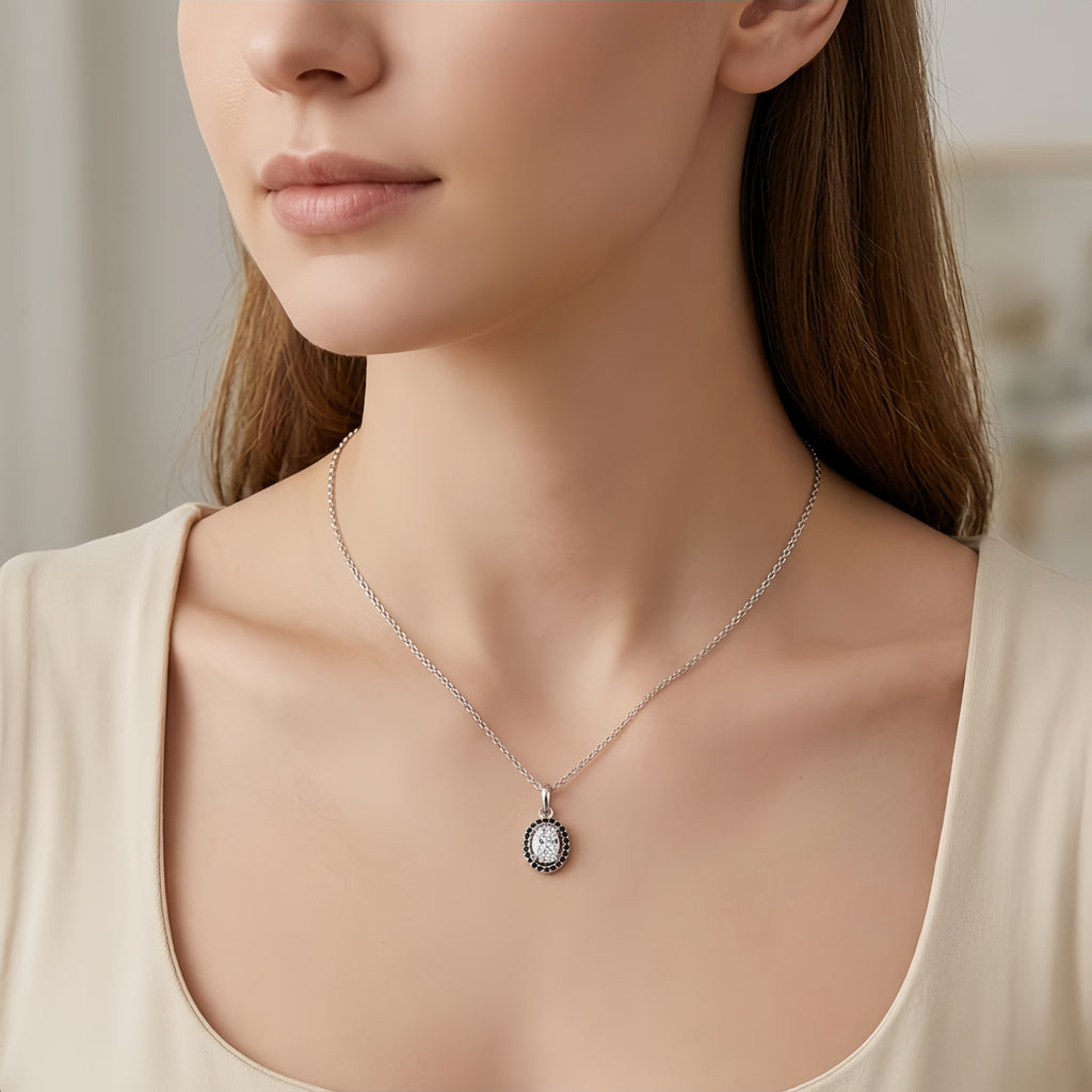 925 Sterling Silver Elegant Oval CZ Pendant with Black Accents in Sterling  Necklace