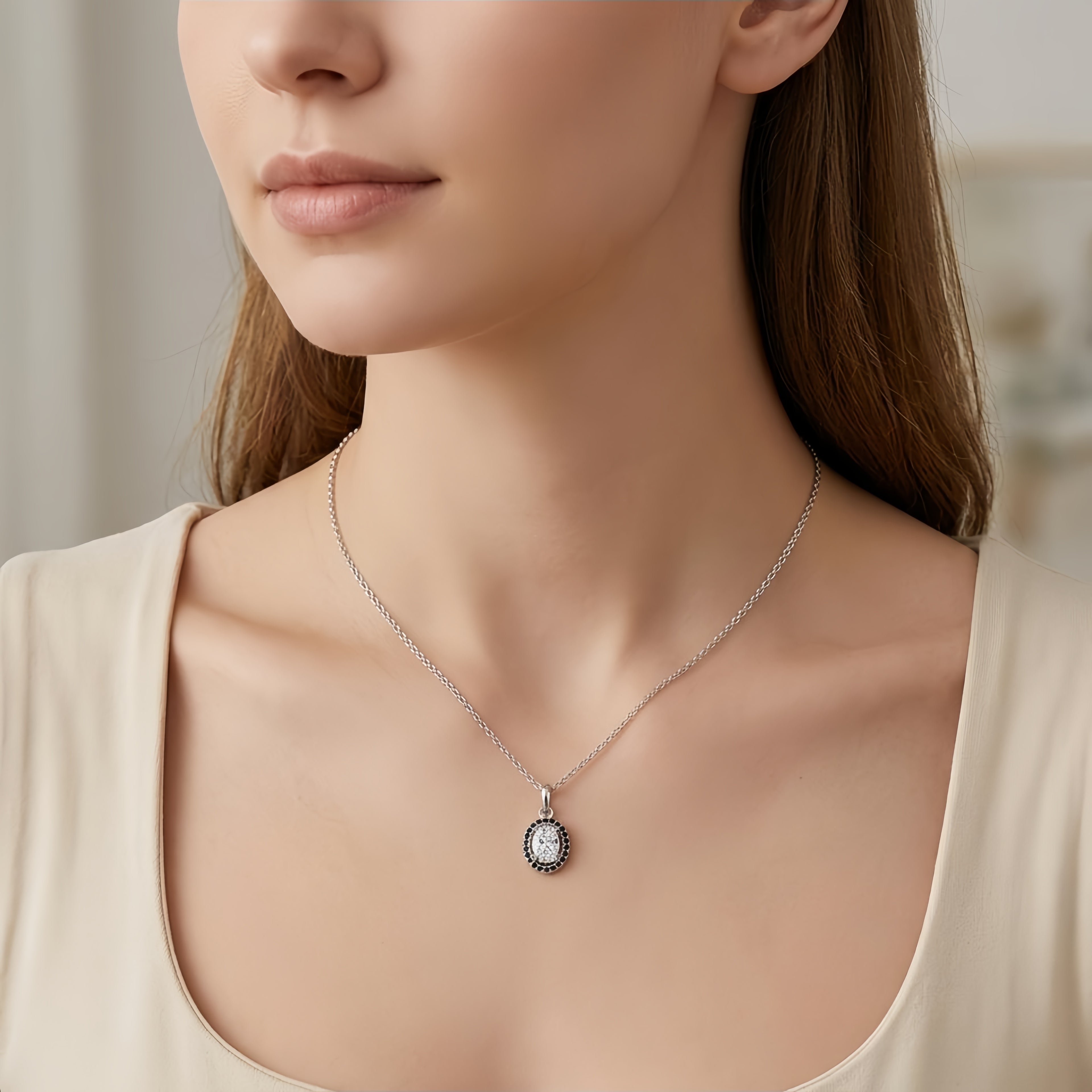 925 Sterling Silver Elegant Oval CZ Pendant with Black Accents in Sterling  Necklace