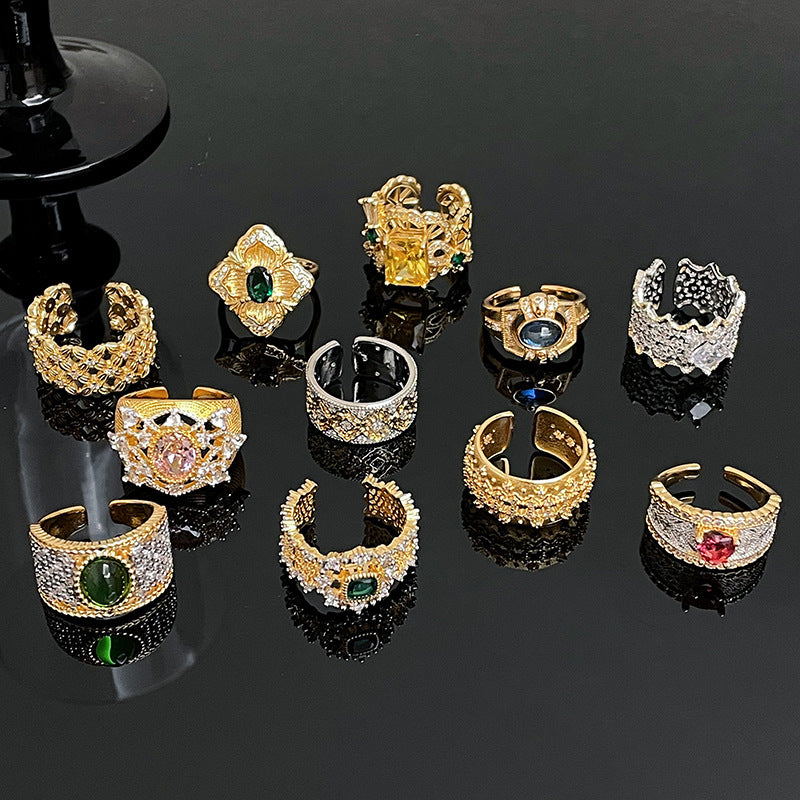 New Medieval Vintage Heavy Zircon Open Ring, Brushed Texture Light Luxury Style Niche High-end Ring For Women