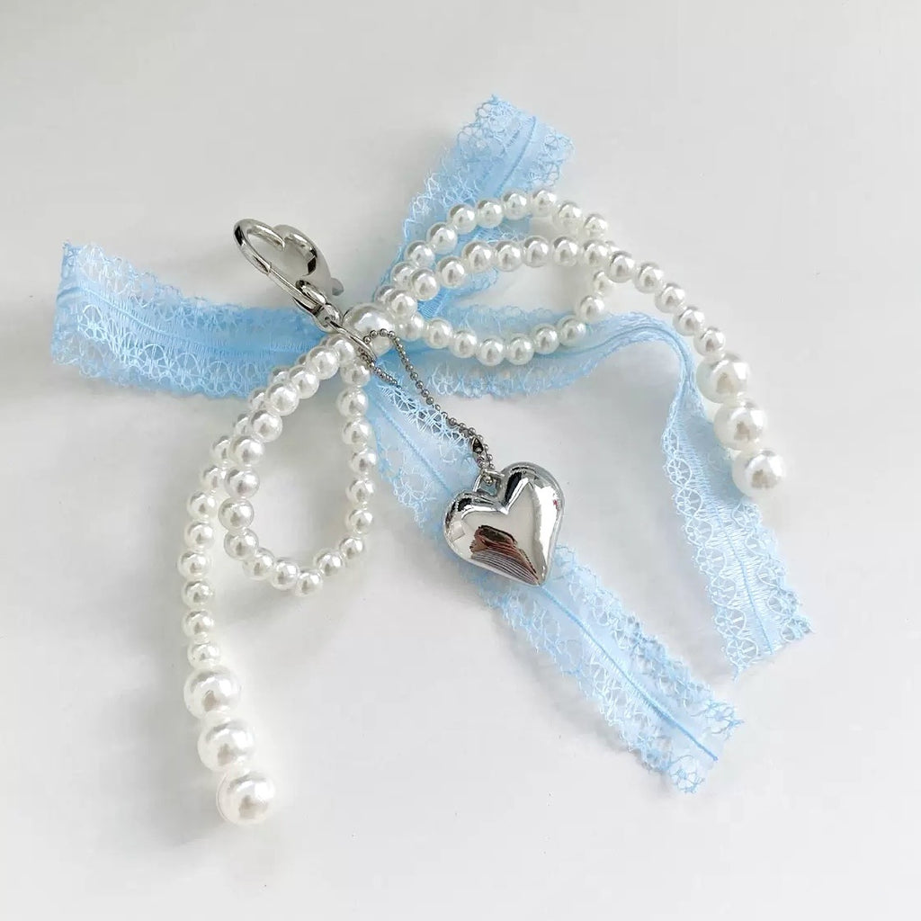 Girly Lace Pearl Bow Bag Charm Keychain Ornament Accessory Heart Pendant