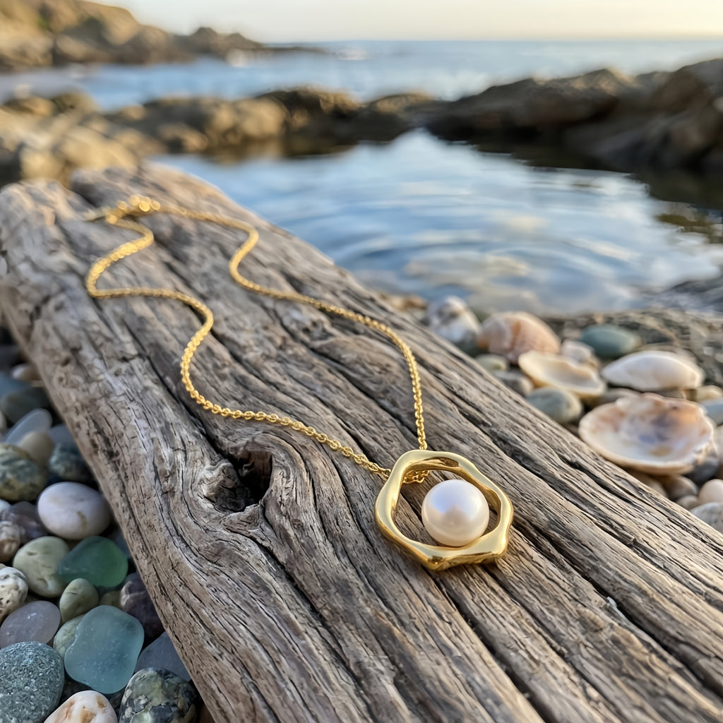 925 Sterling Silver Organic Wavy Pendant Necklace with Lustrous Floating Pearl Accent