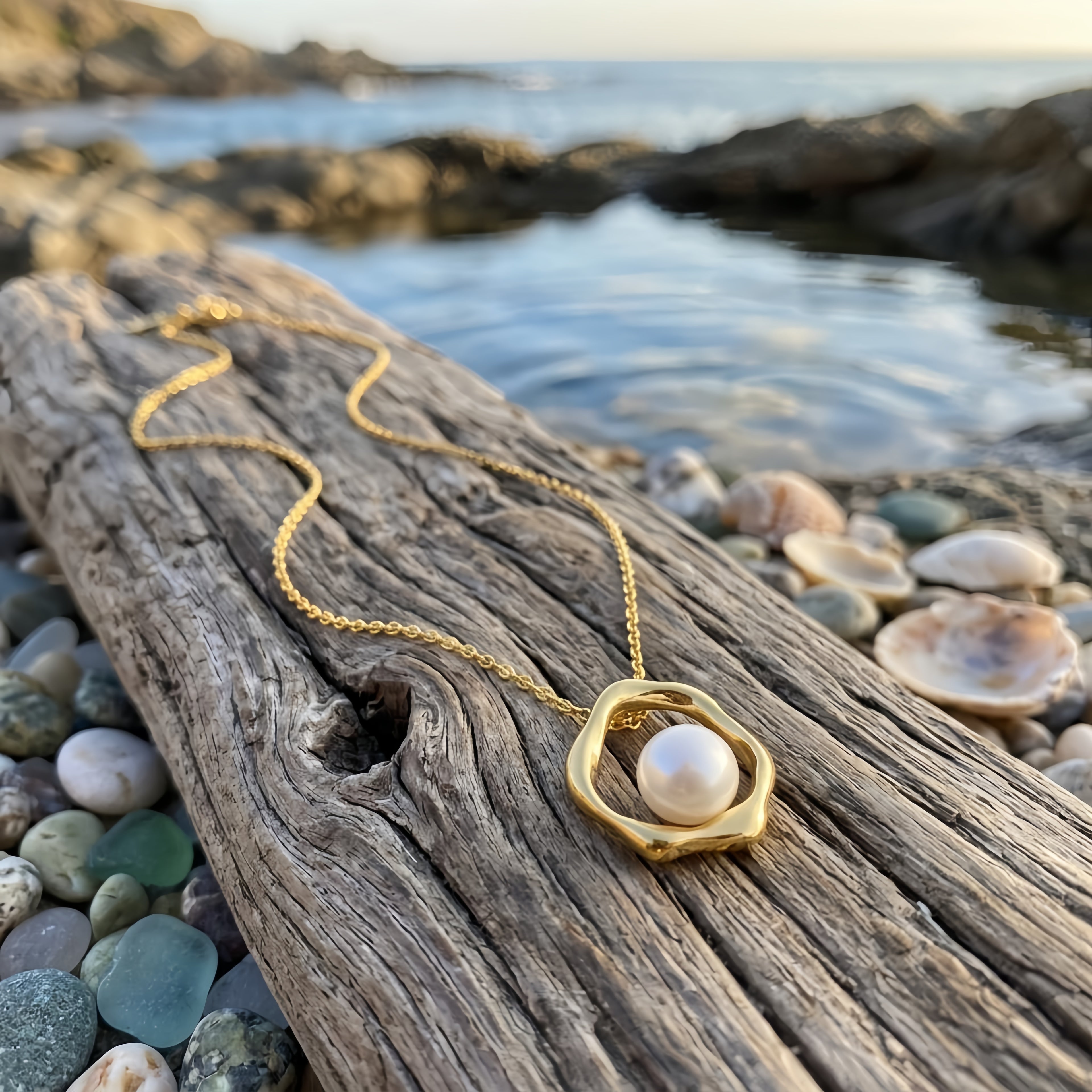 925 Sterling Silver Organic Wavy Pendant Necklace with Lustrous Floating Pearl Accent