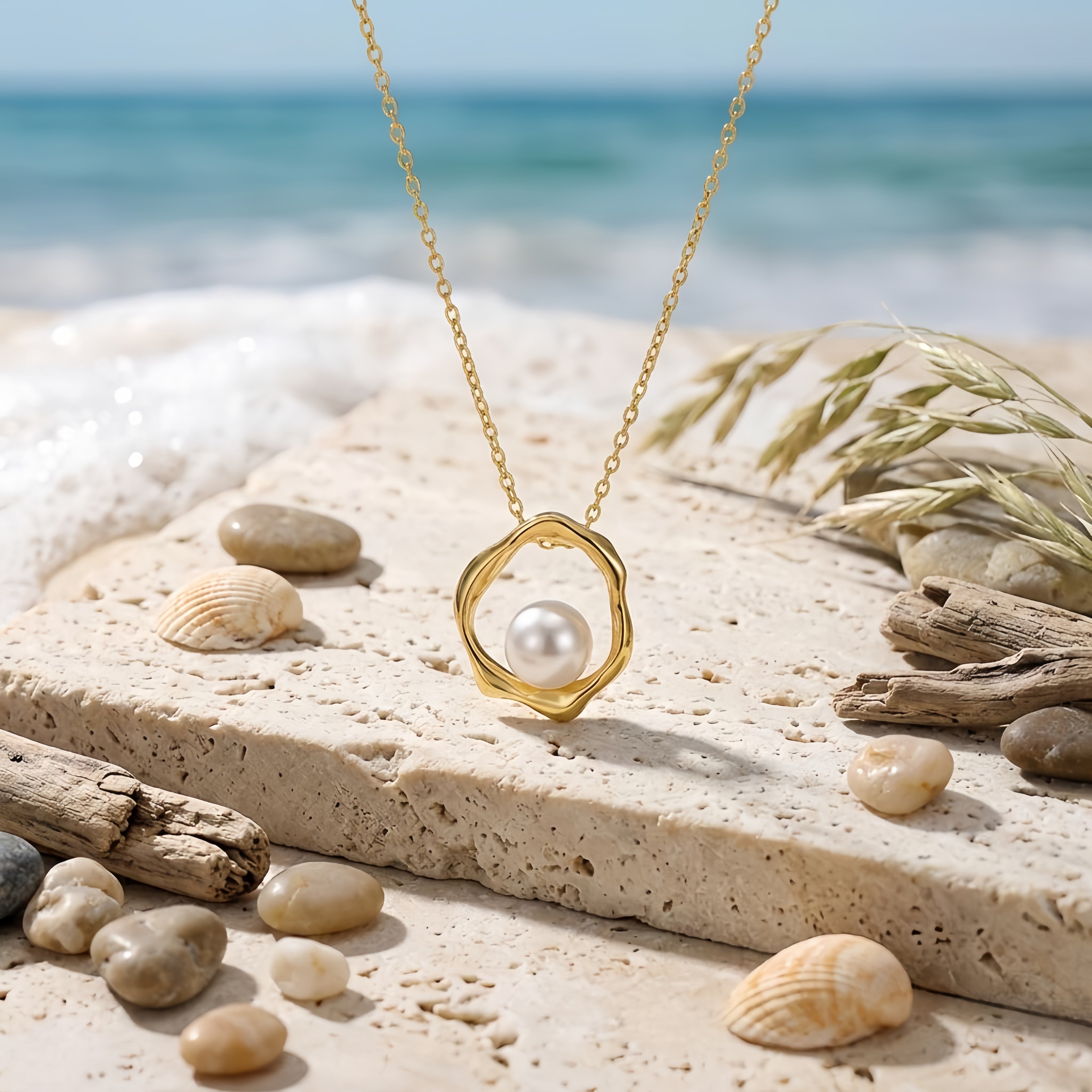 925 Sterling Silver Organic Wavy Pendant Necklace with Lustrous Floating Pearl Accent