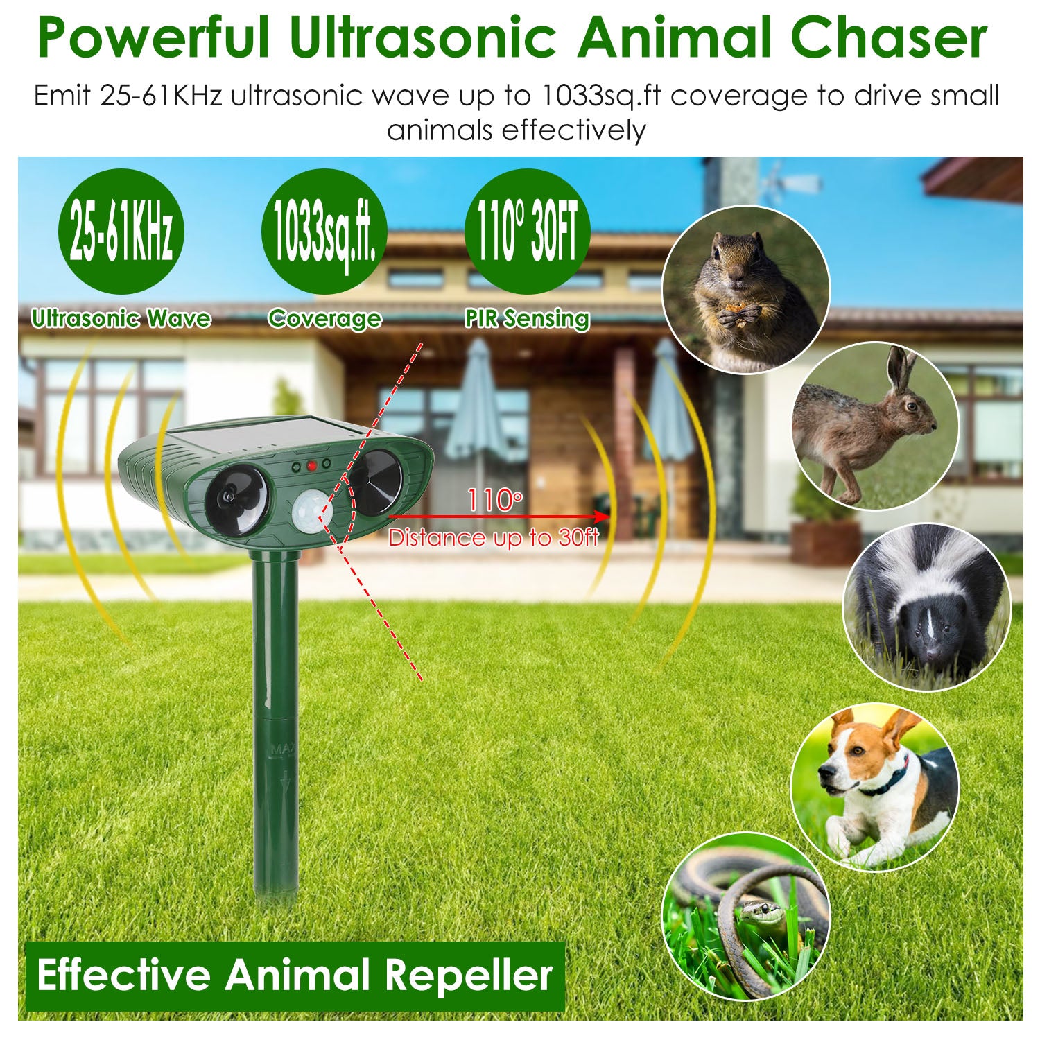 1Pc Solar Ultrasonic Animal Repeller PIR Motion Sensor Animal Repellent Chaser IPX4 Waterproof For Farm Garden Yard To Drive Raccoon Squirrel Rat Skunk Rabbit Mole Dog Cat Snake