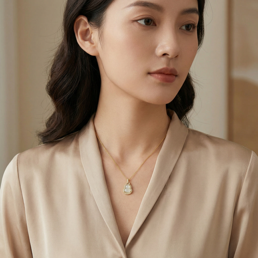 925 Sterling Silver Elegant White Jade Gourd Pendant Necklace with Shimmering Crystal Halo