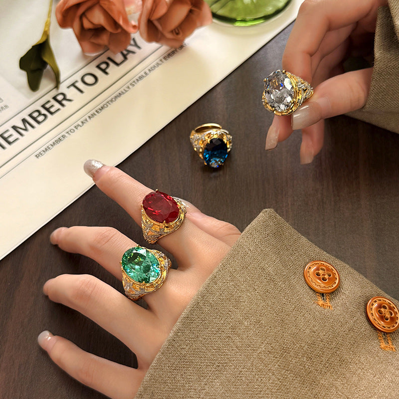New Arrival Jewelry Copper Base Gold Plated  Gemstone Vintage Oval Ring, Adjustable Size