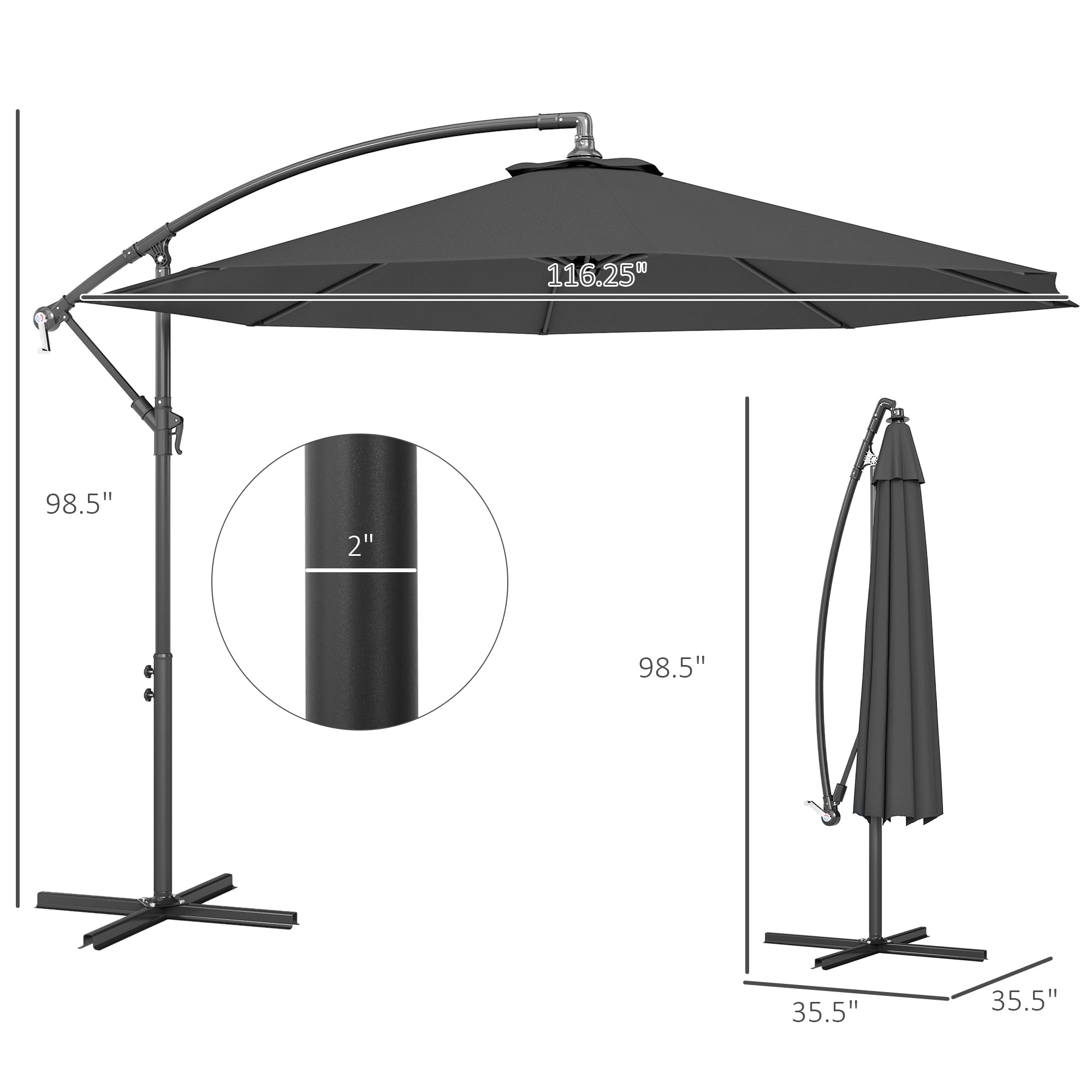 10 Cantilever Tilt Offset Patio Umbrella W UV & Water Safe Material & Cross Base Weight Not Included, Gray