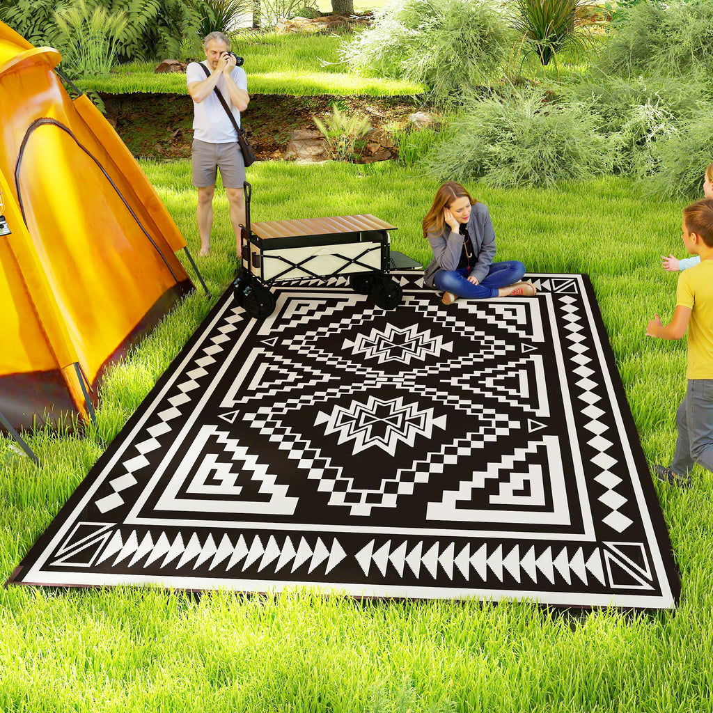 Reversible Outdoor Rug, Waterproof Plastic Straw With Carry Bag, 9 X 18, Black & White Square Patchwork