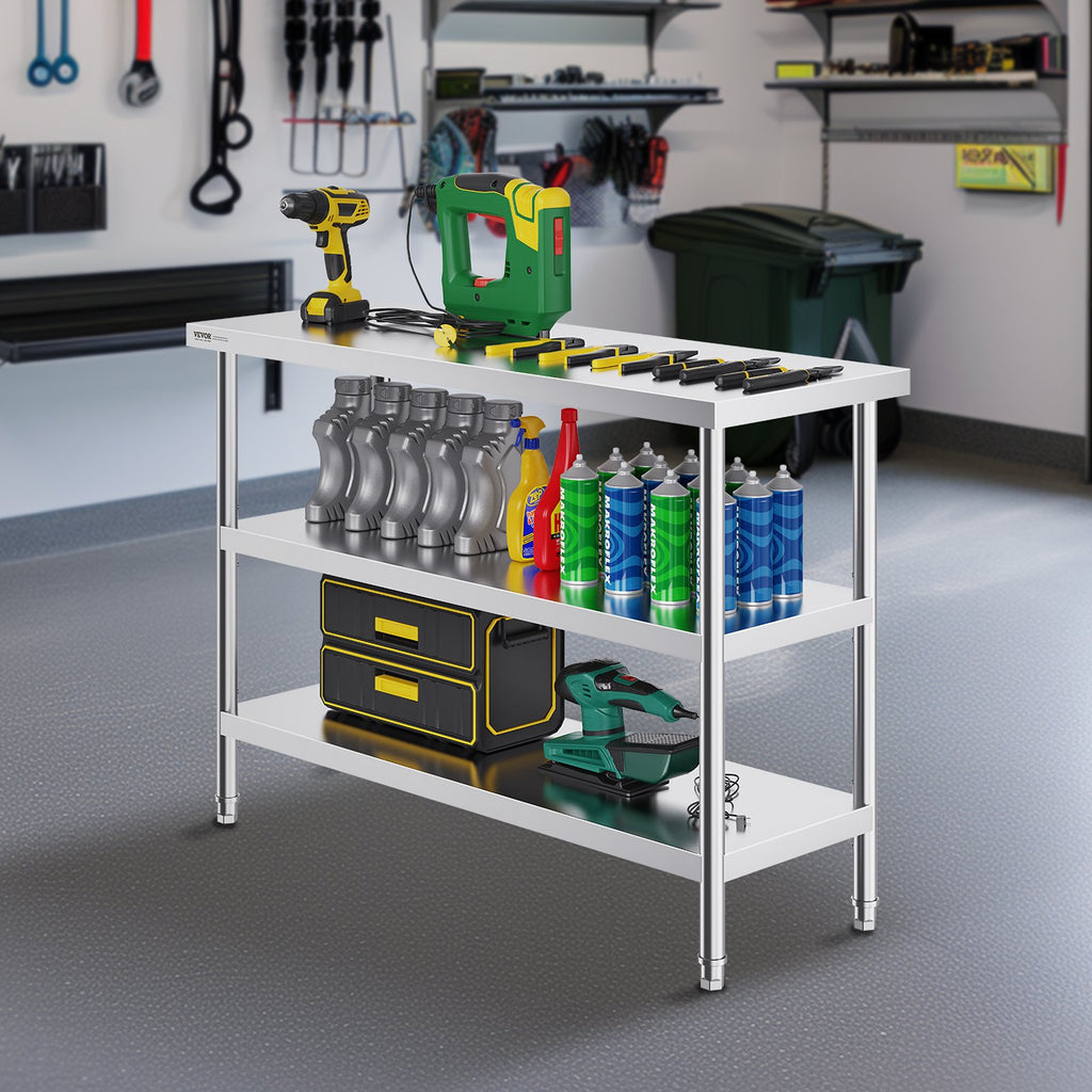 Stainless Steel Food Prep Table, 18 X 48 X 34 Inch Commercial Kitchen Worktable, With 2 Adjustable Undershelf, Heavy Duty Prep Table Metal Work Table For BBQ, Kitchen, Home, And Garage
