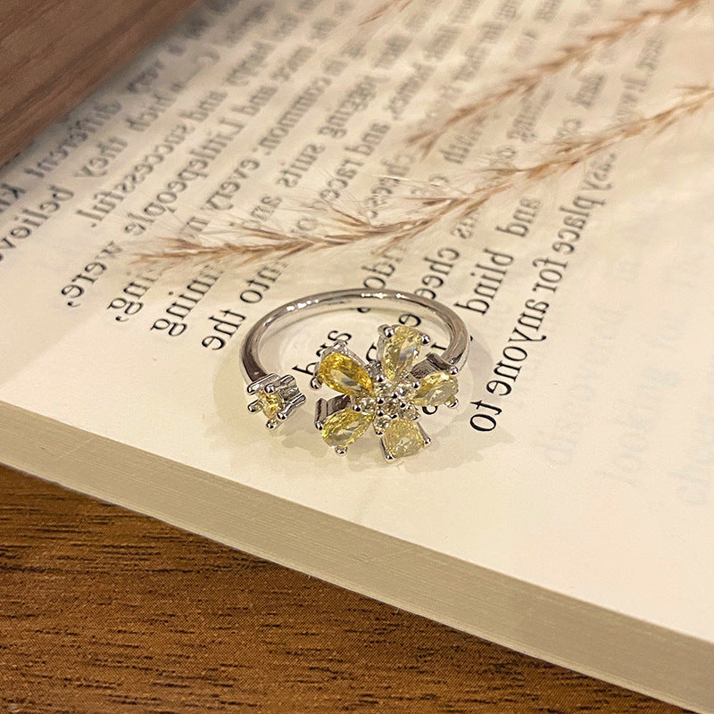 Minimalist Row Flower Series Open Ring, Sweet Fashion Floral High-end Temperament Finger Ring For Women