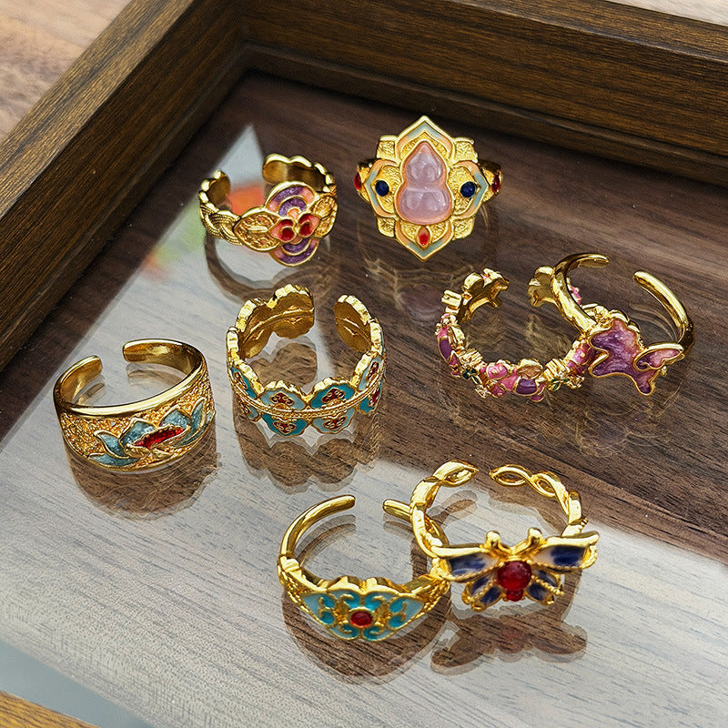 Retro Luxury Enamel Lotus, Auspicious Cloud, Butterfly & Gourd Open Ring, Style Niche Finger Ring For Women