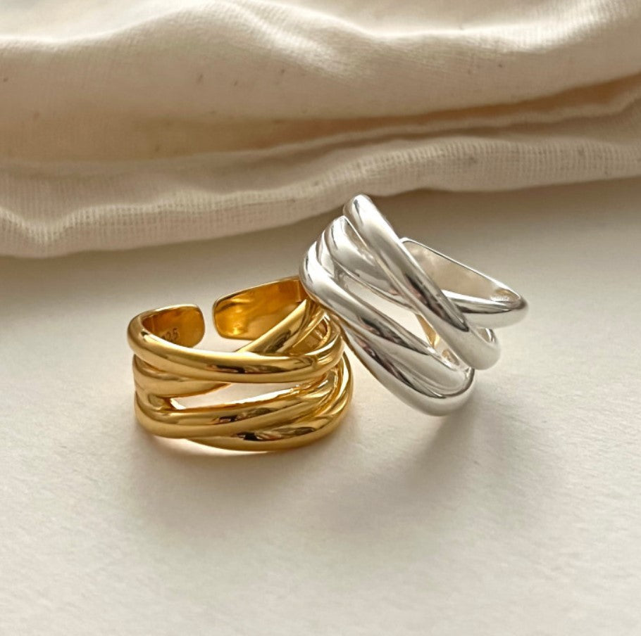 S925 Irregular Glossy Line Cross Ring, Ins Popular Fashion Minimalist Adjustable Band, Versatile Daily Wear Finger Ring