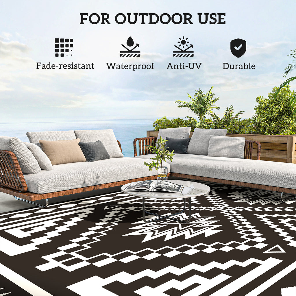 Reversible Outdoor Rug, Waterproof Plastic Straw With Carry Bag, 9 X 18, Black & White Square Patchwork
