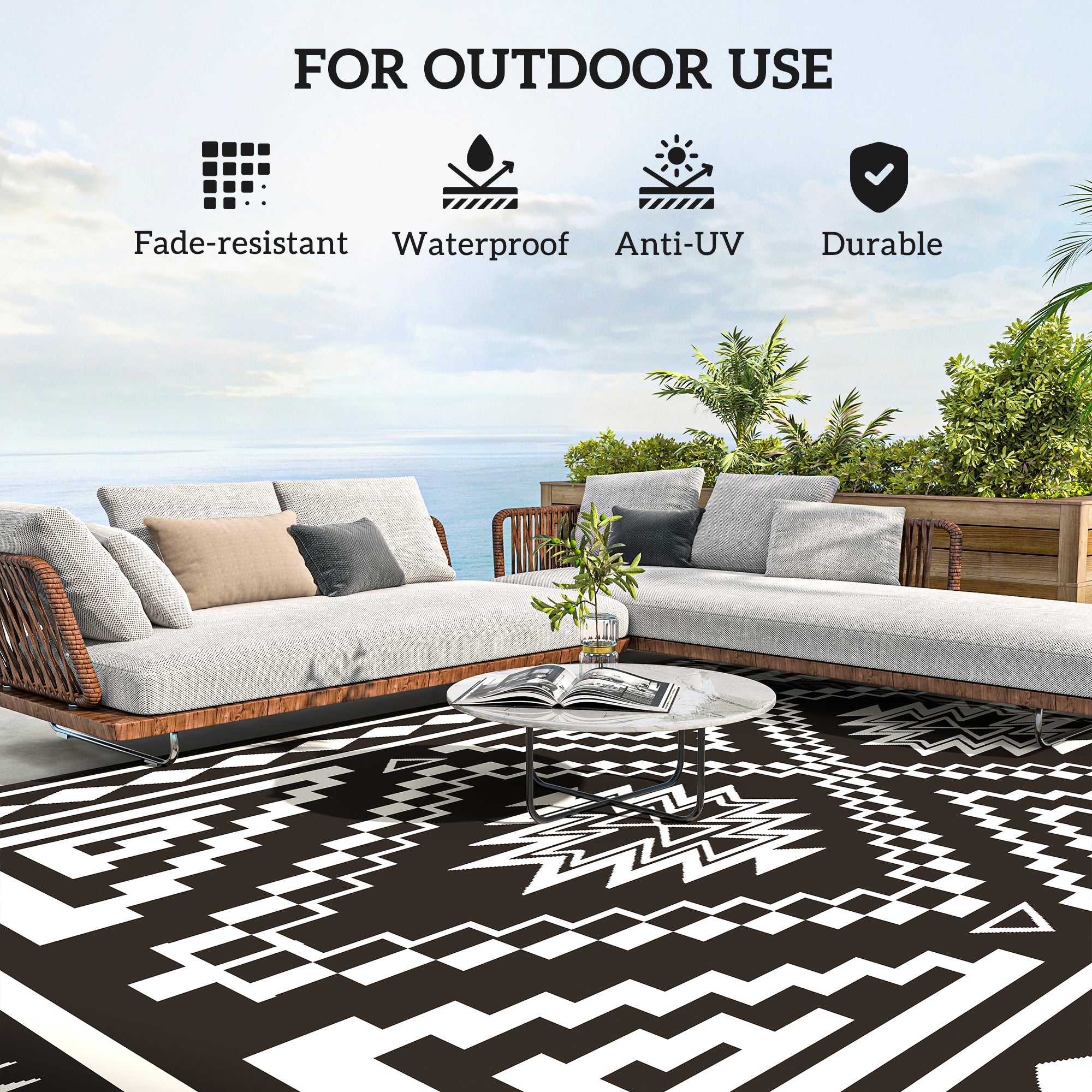 Reversible Outdoor Rug, Waterproof Plastic Straw With Carry Bag, 9 X 18, Black & White Square Patchwork