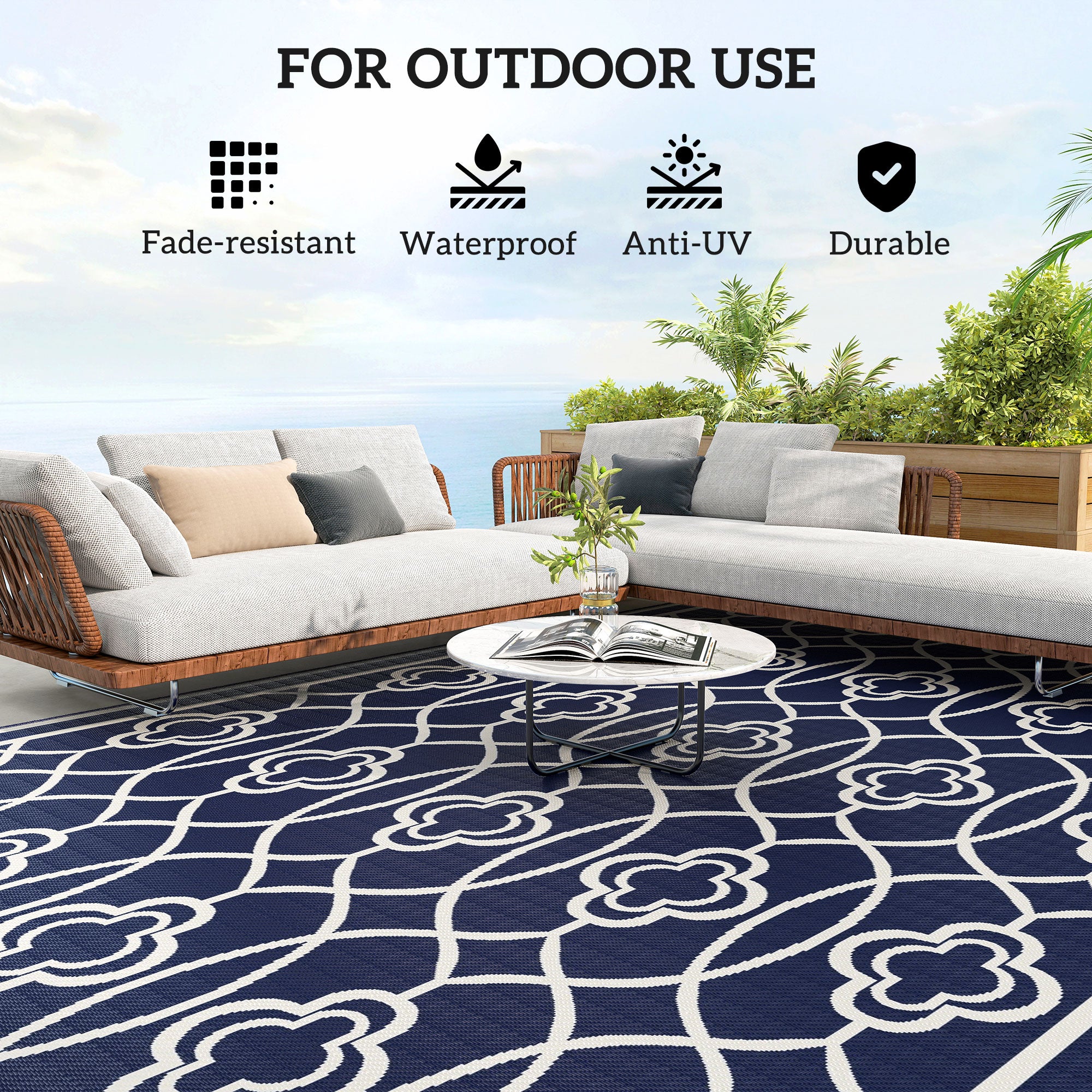 Reversible Outdoor Rug, Waterproof Plastic Straw With Carry Bag, 9 X 18, Blue & White Lantern