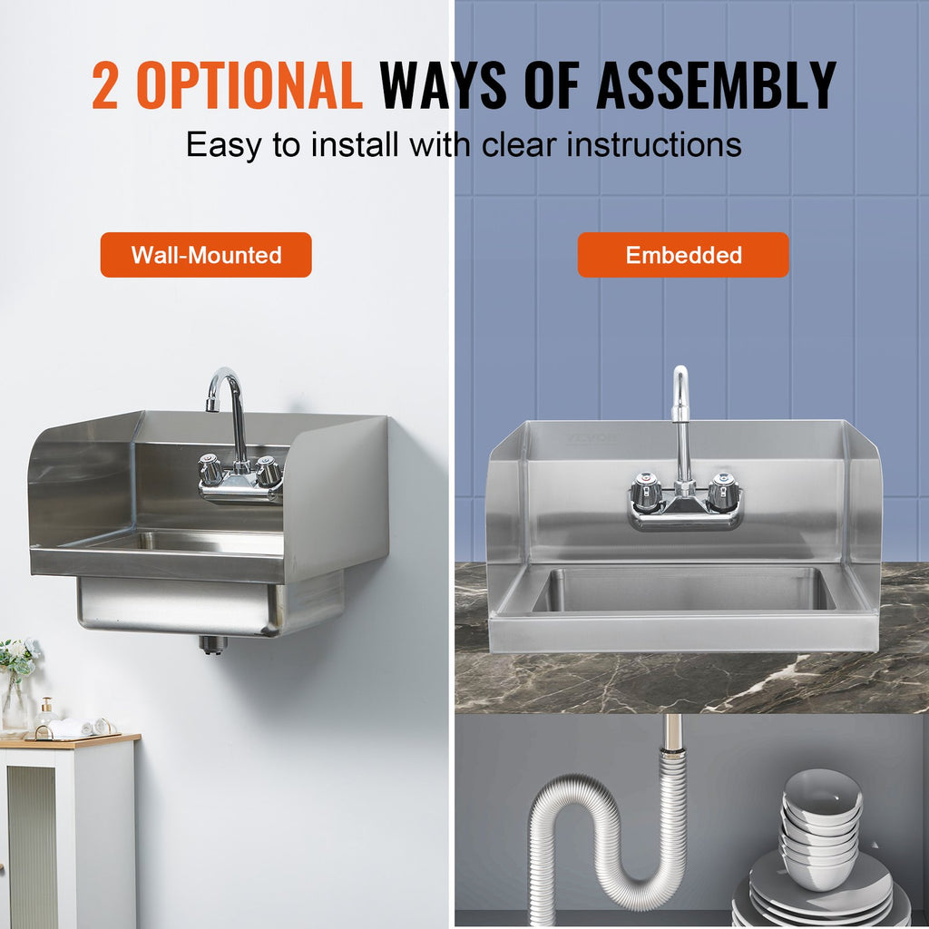 Commercial Hand Sink With Faucet And Side Splash, Stainless Steel Sink For Washing, Small Hand Washing Sink, Wall Mount Hand Basin For Restaurant, Kitchen, Bar, Garage And Home, 17x12.8 Inch