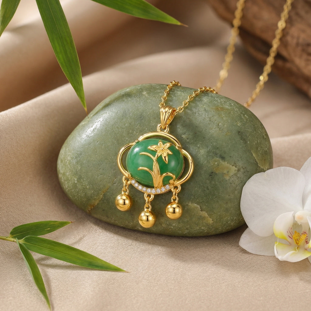 925 Sterling Silver Exquisite Emerald Green Gemstone Pendant Featuring Floral Motif and Elegant Triple Dangle Accents