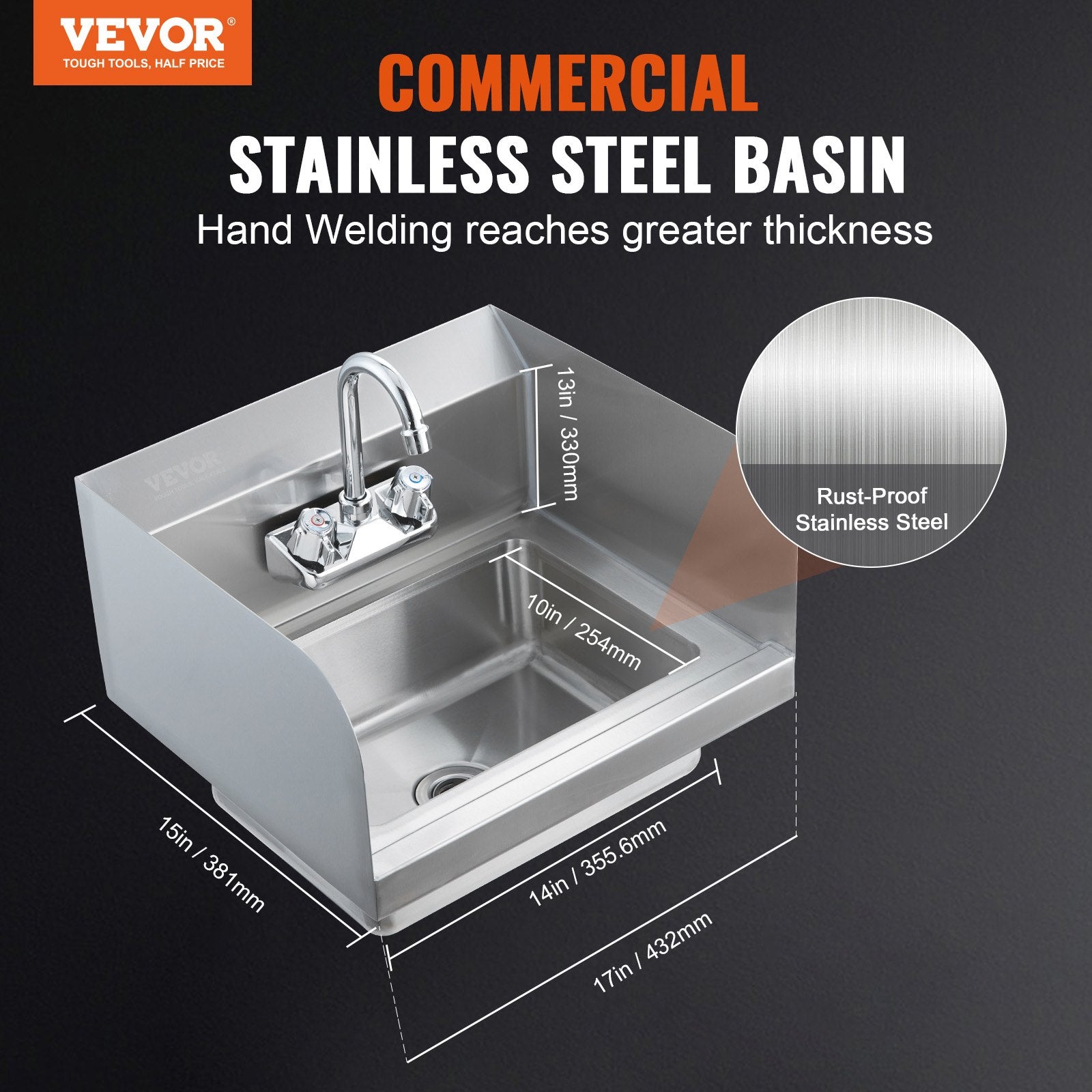 Commercial Hand Sink With Faucet And Side Splash, Stainless Steel Sink For Washing, Small Hand Washing Sink, Wall Mount Hand Basin For Restaurant, Kitchen, Bar, Garage And Home, 17x12.8 Inch