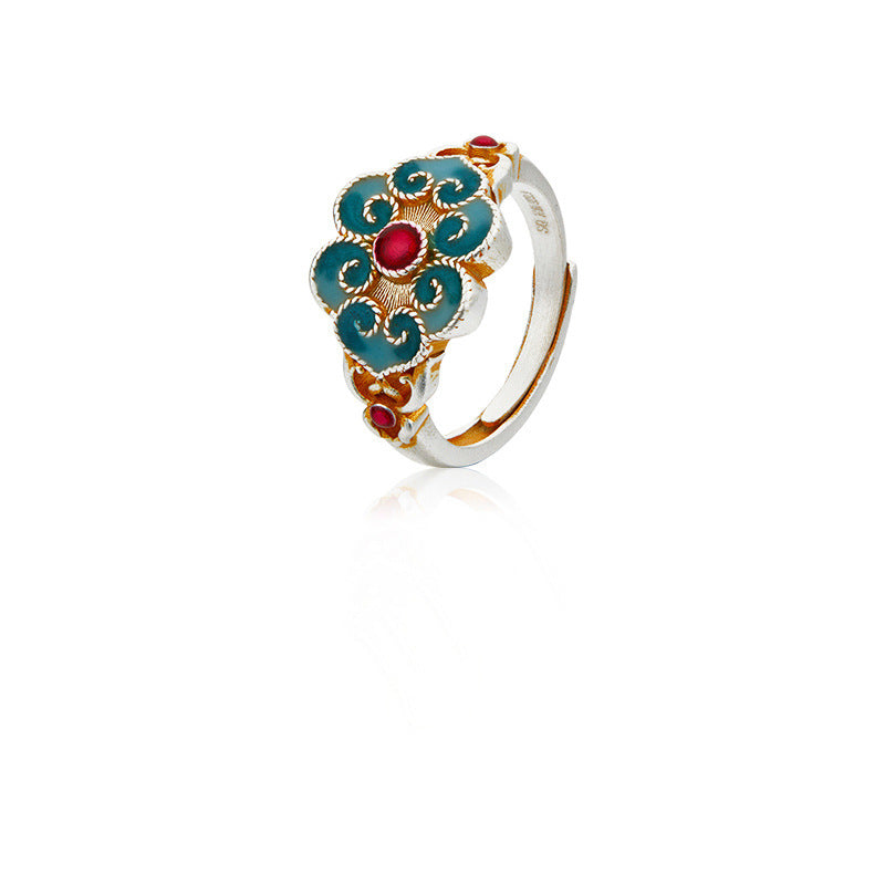 Chinese Style Women Ring, Niche Design Enamel Hanfu Crown Ruyi Adjustable Open Ring