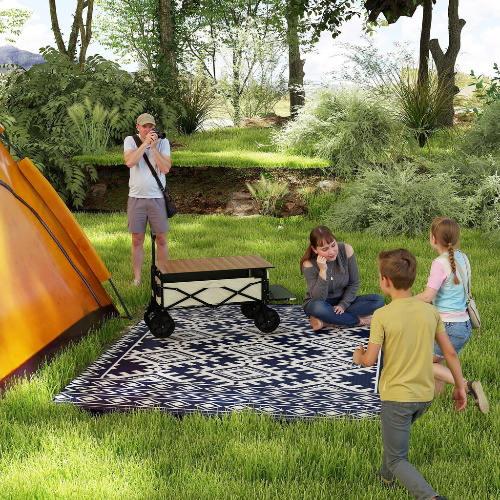 Reversible Outdoor Rug, Waterproof Plastic Straw With Carry Bag, 8 X 10, Blue  White Rhombus Border