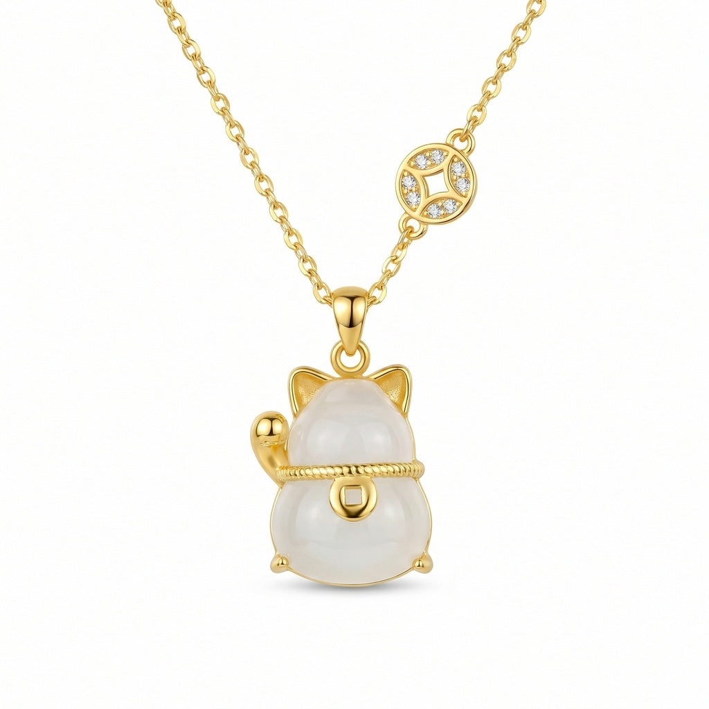 925 Sterling Silver Elegant Maneki-Neko White Jade Gemstone Pendant Necklace with Lucky Coin Charm Detail