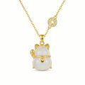 925 Sterling Silver Elegant Maneki-Neko White Jade Gemstone Pendant Necklace with Lucky Coin Charm Detail