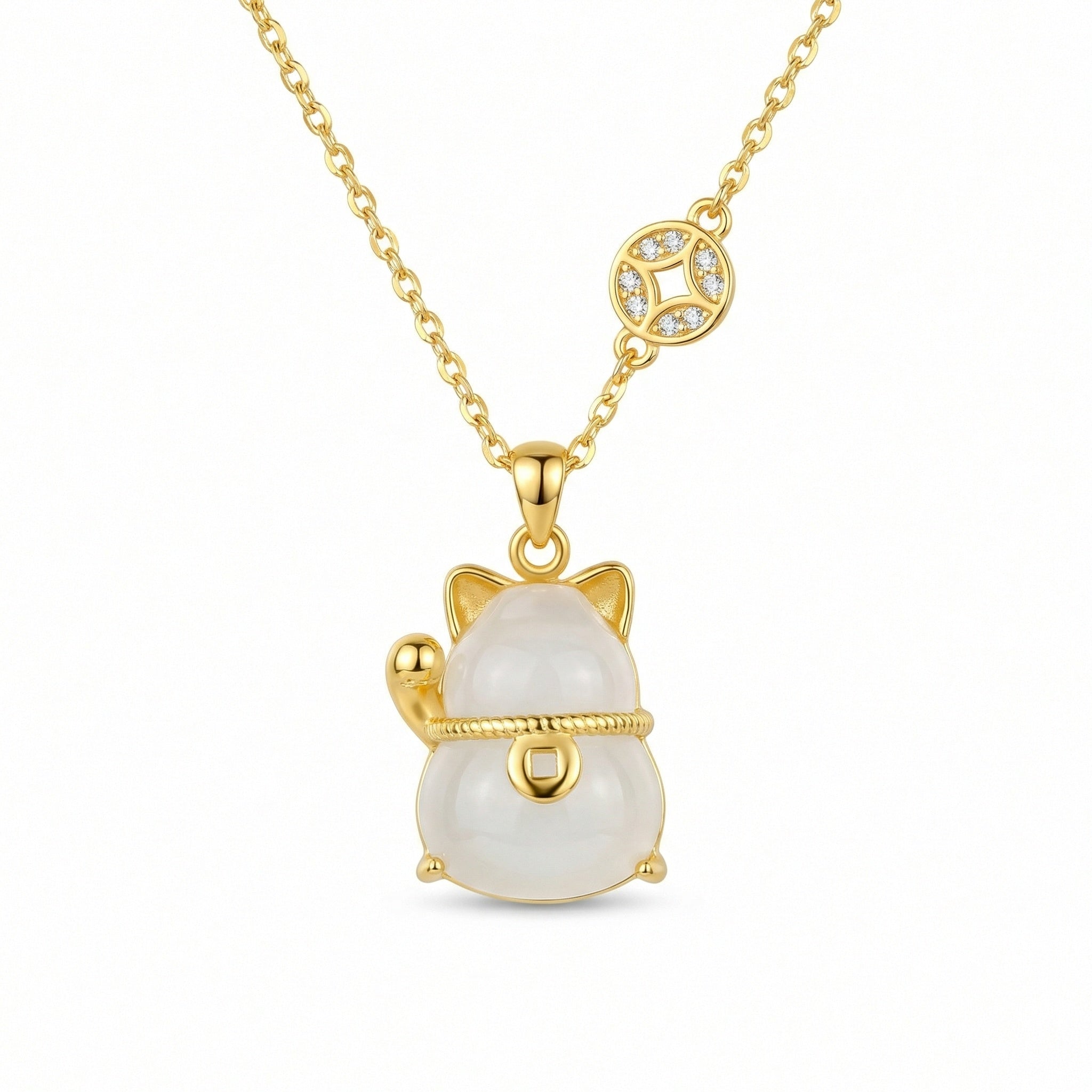 925 Sterling Silver Elegant Maneki-Neko White Jade Gemstone Pendant Necklace with Lucky Coin Charm Detail
