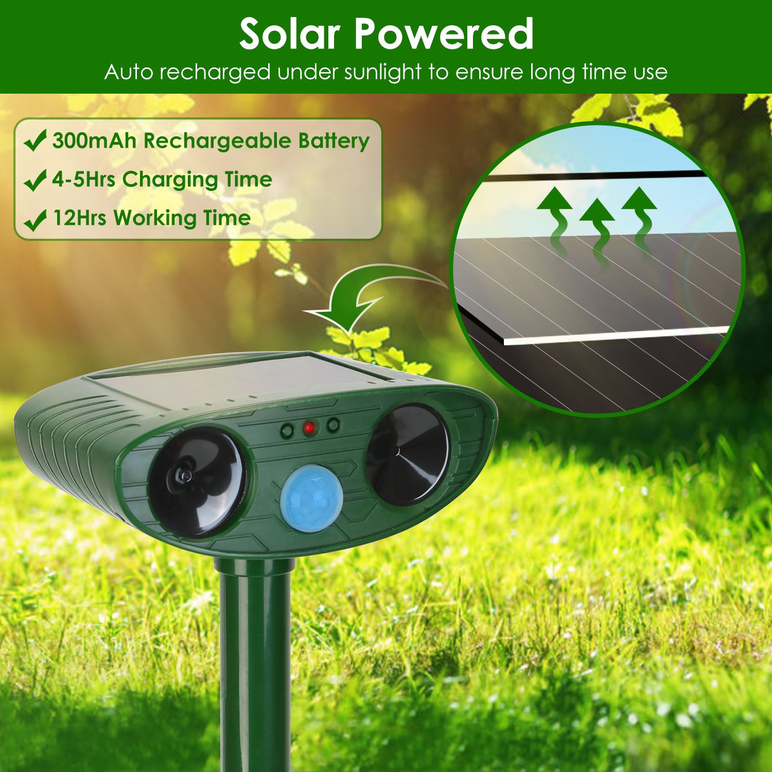 1Pc Solar Ultrasonic Animal Repeller PIR Motion Sensor Animal Repellent Chaser IPX4 Waterproof For Farm Garden Yard To Drive Raccoon Squirrel Rat Skunk Rabbit Mole Dog Cat Snake
