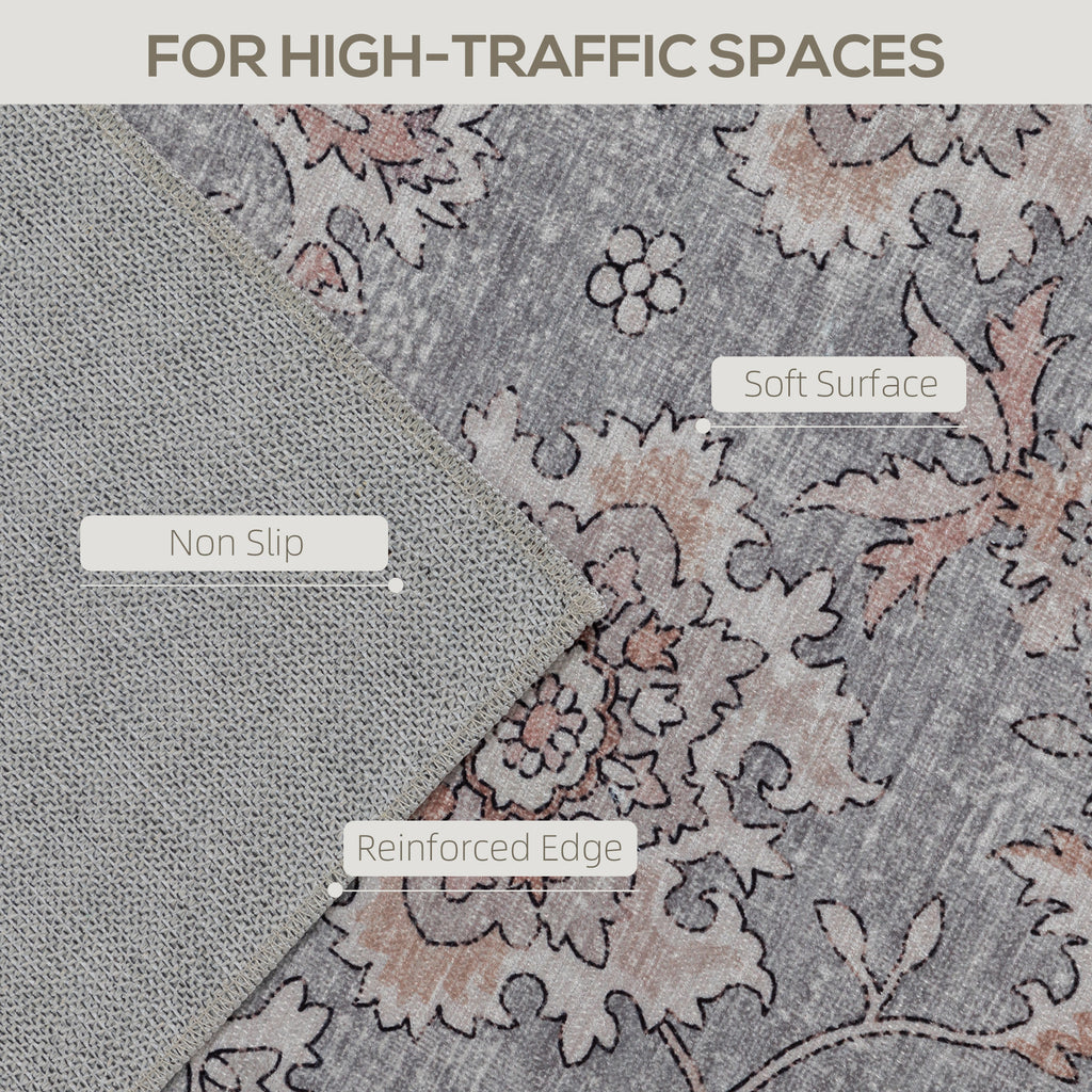 Machine Washable Area Rug 5x7, Non-Slip Traditional Flower Print Floor Carpet For Living Room, Bedroom, Grey And Brown
