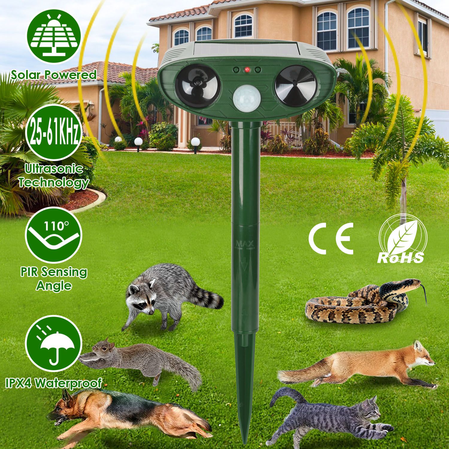 1Pc Solar Ultrasonic Animal Repeller PIR Motion Sensor Animal Repellent Chaser IPX4 Waterproof For Farm Garden Yard To Drive Raccoon Squirrel Rat Skunk Rabbit Mole Dog Cat Snake
