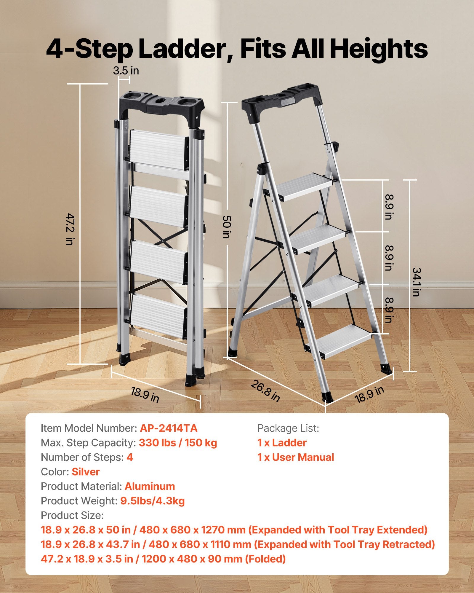 4 Step Ladder, Folding Step Stool With Wide Anti-Slip Pedal And Comfort Handgrip, 330 Lbs Capacity Portable Aluminum Stepladder, Multi-Use For Kitchen, Home, Warehouse And Office, Silver