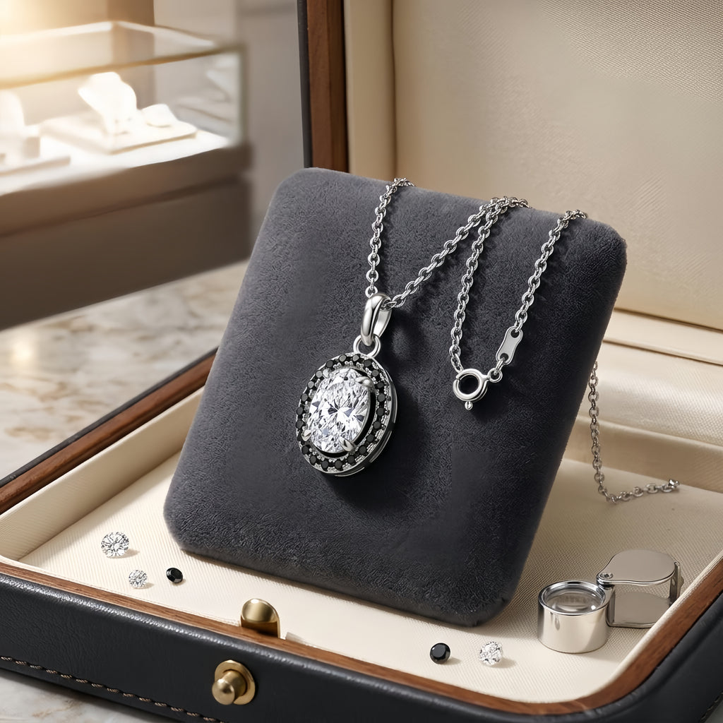 925 Sterling Silver Elegant Oval CZ Pendant with Black Accents in Sterling  Necklace