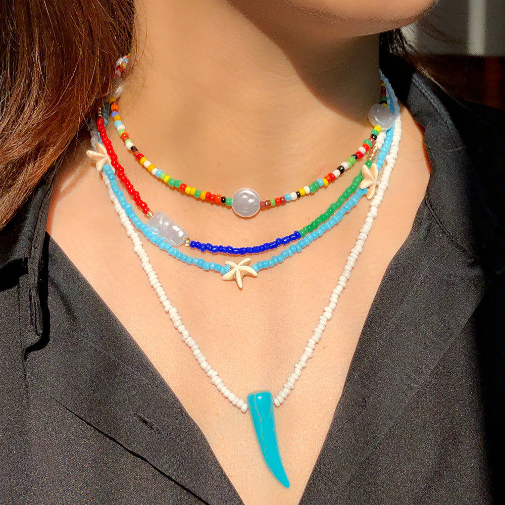 Handmade colorful rice beads multilayer necklace