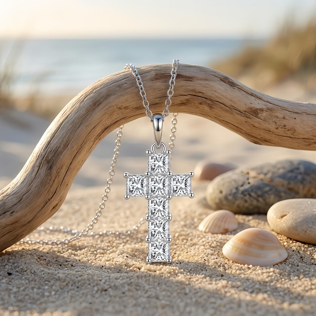 925 Sterling Silver White Gold CZ Cross Pendant Necklace