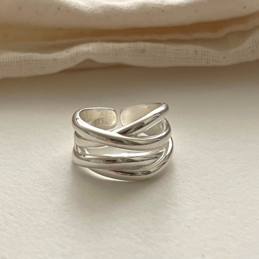 S925 Irregular Glossy Line Cross Ring, Ins Popular Fashion Minimalist Adjustable Band, Versatile Daily Wear Finger Ring