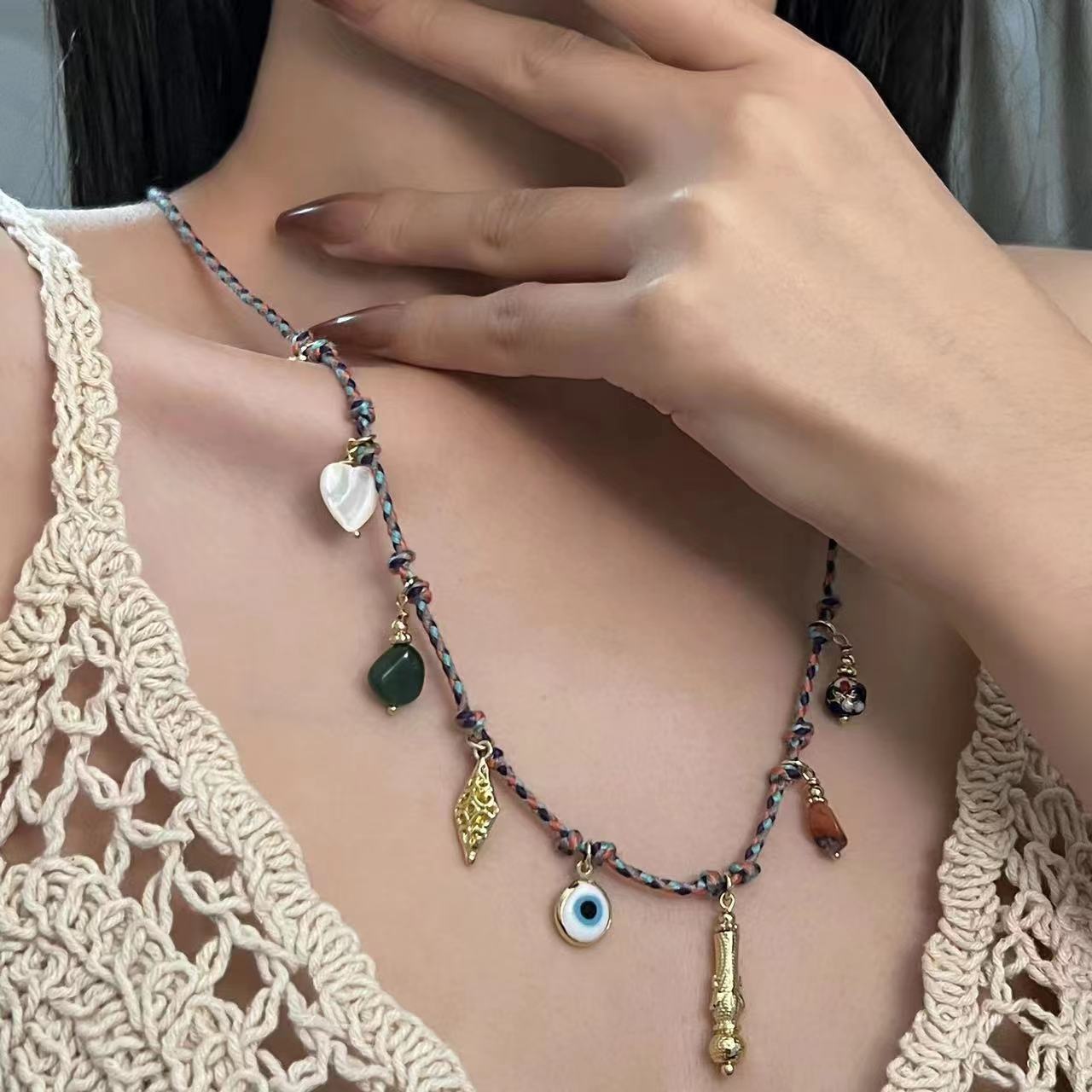 Vintage Colorful Braid Rope Multi-element Pendant Exquisite Handmade Necklace