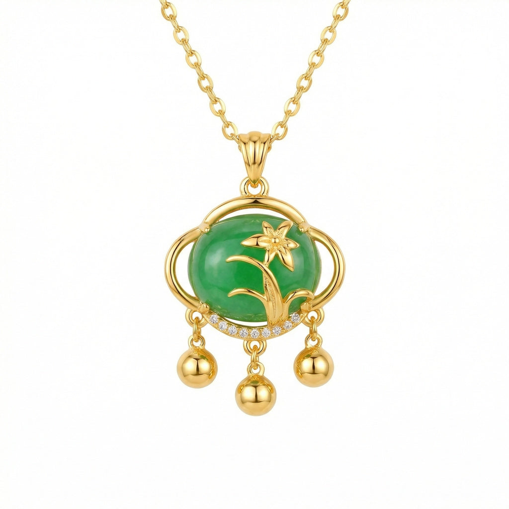 925 Sterling Silver Exquisite Emerald Green Gemstone Pendant Featuring Floral Motif and Elegant Triple Dangle Accents