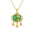 925 Sterling Silver Exquisite Emerald Green Gemstone Pendant Featuring Floral Motif and Elegant Triple Dangle Accents